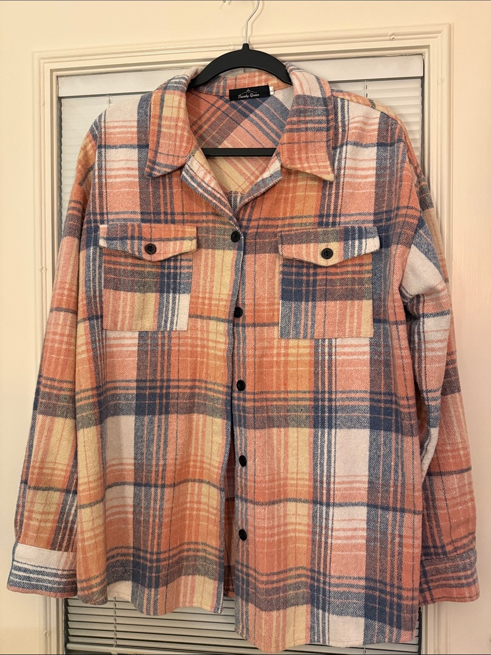 Relaxed Plaid Button-Down Shirt in Peach & Blue